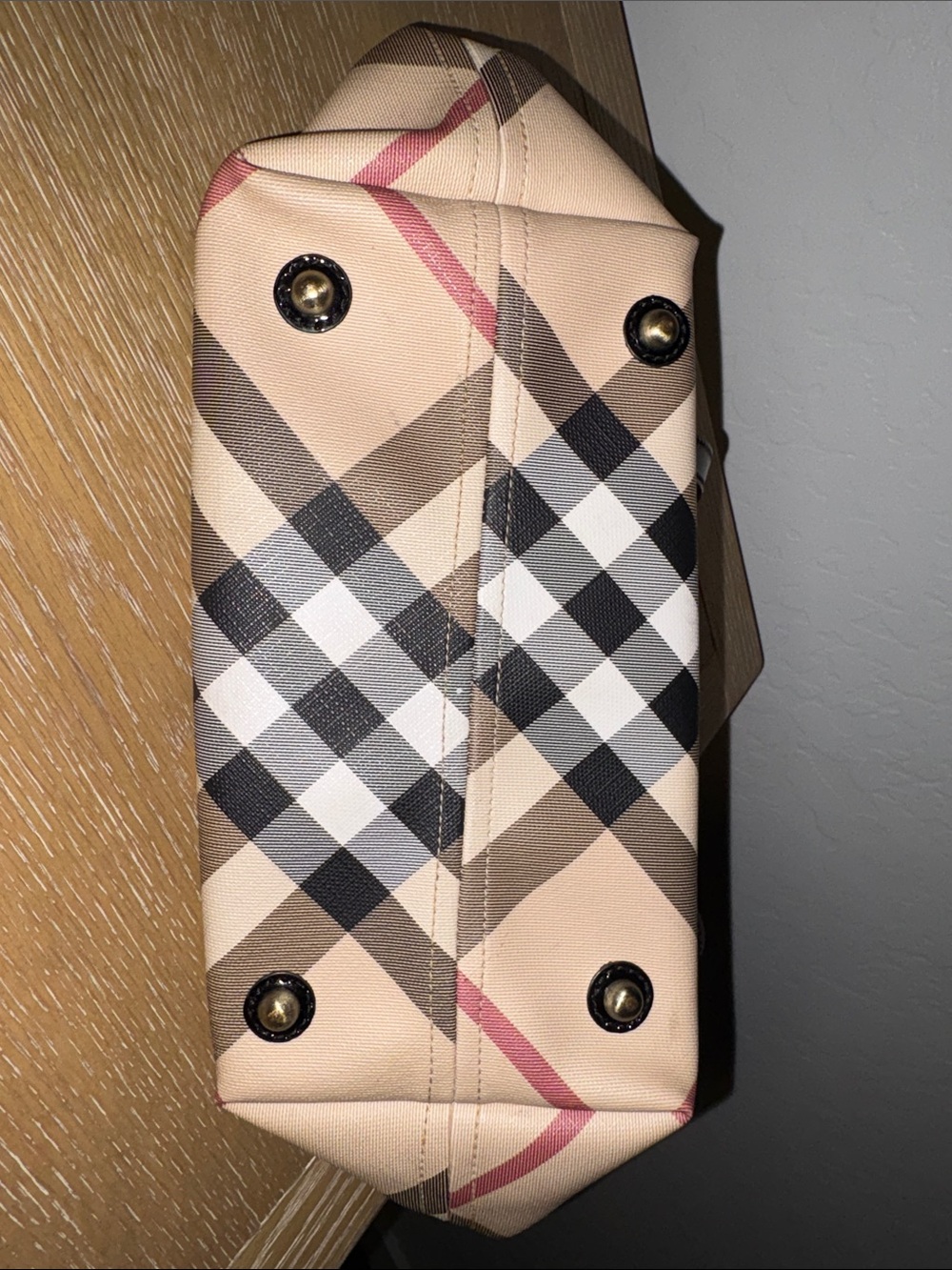 Burberry Tan Check Tote with Black Trim and Burgundy Accents - Picture 3 of 5